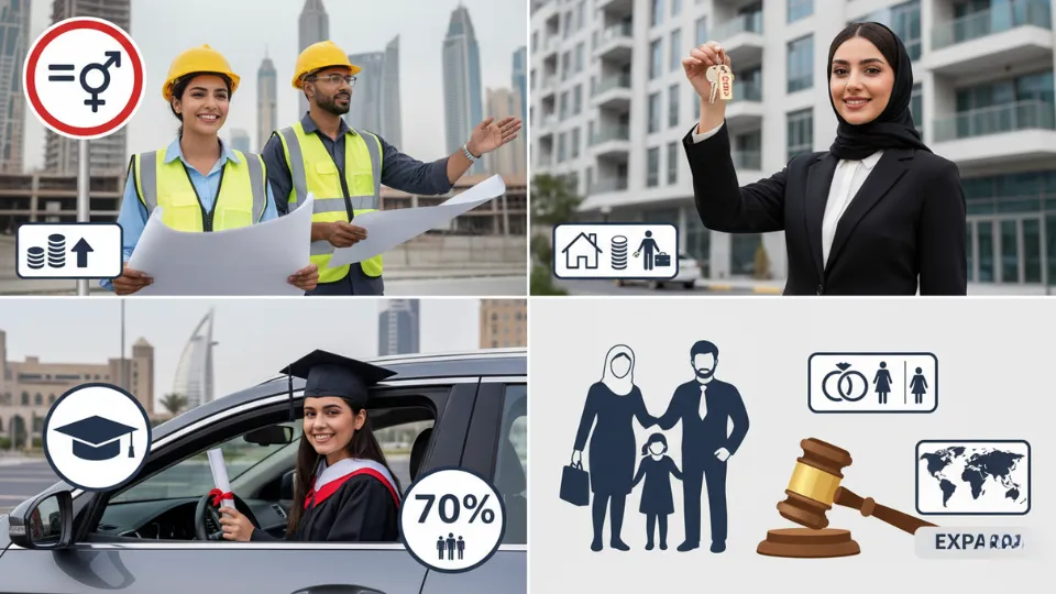 Informative collage showcasing women’s legal rights in Dubai, including equal pay for female engineers, property ownership for women, education and driving freedom with a female graduate in a car, and family and legal rights under UAE law. Icons highlight equality, education rate (70%), property, and legal justice system.