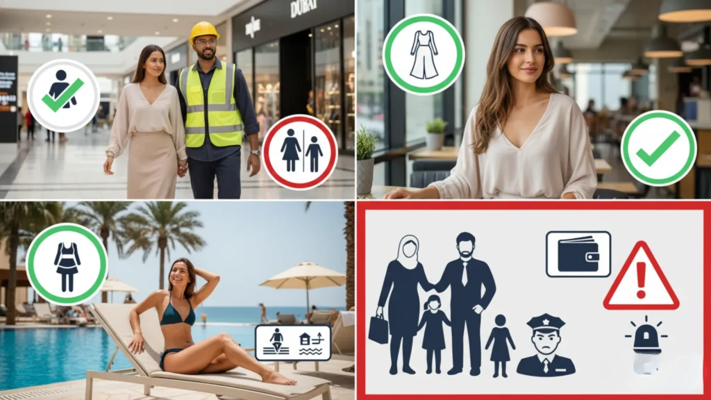 Visual guide explaining Dubai dress code and behavior rules for women, showing acceptable modest clothing in malls, beachwear at resorts, and warnings about inappropriate attire or public behavior. Includes icons for do’s and don’ts, police and legal caution symbols, and family respect guidelines.